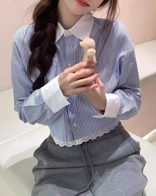 Striped Lace Trim Button-Up Crop Shirt, Long Sleeve