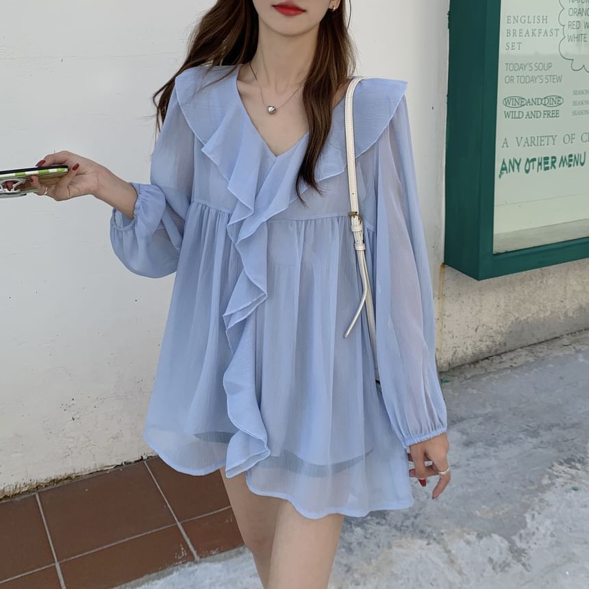 V-Neck Ruffle Trim Blouse Set with Camisole