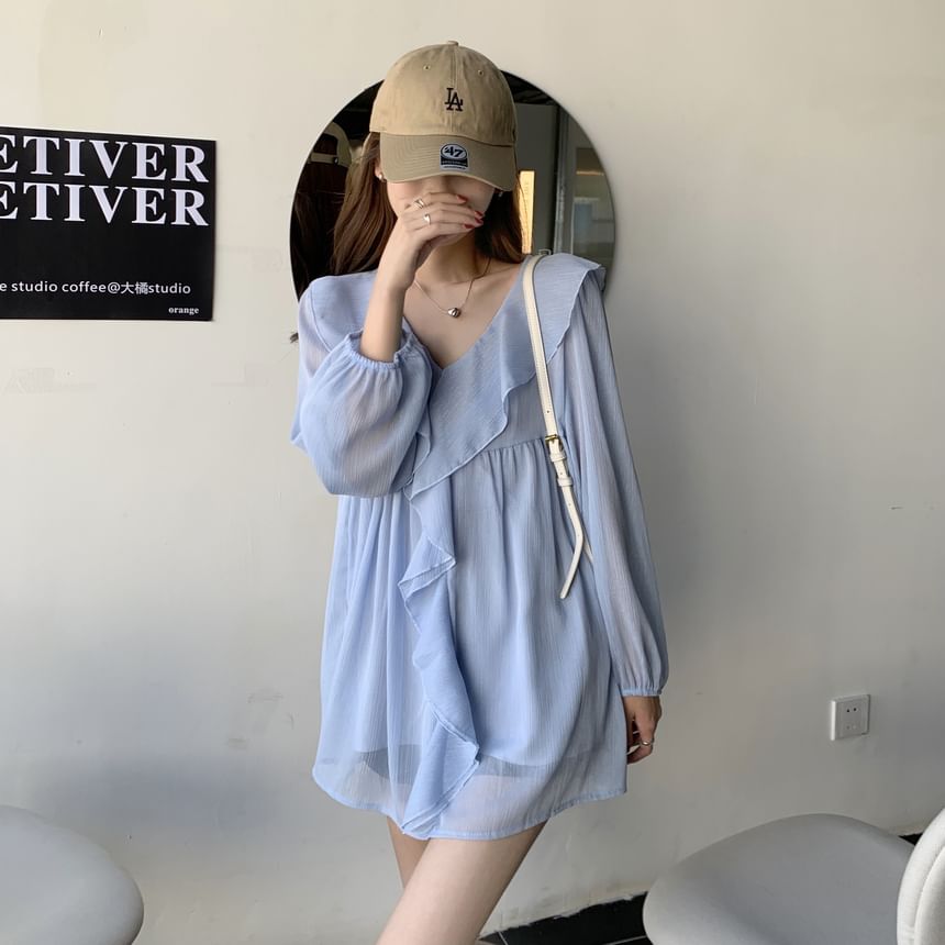 V-Neck Ruffle Trim Blouse Set with Camisole