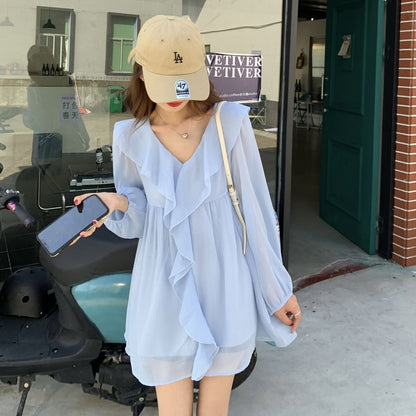 V-Neck Ruffle Trim Blouse Set with Camisole