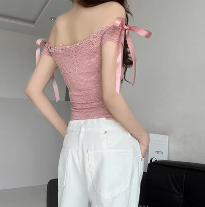 Off-Shoulder Bow Lace Top, Sleeveless