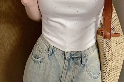 Rhinestone Scoop Neck Short Sleeve Tee
