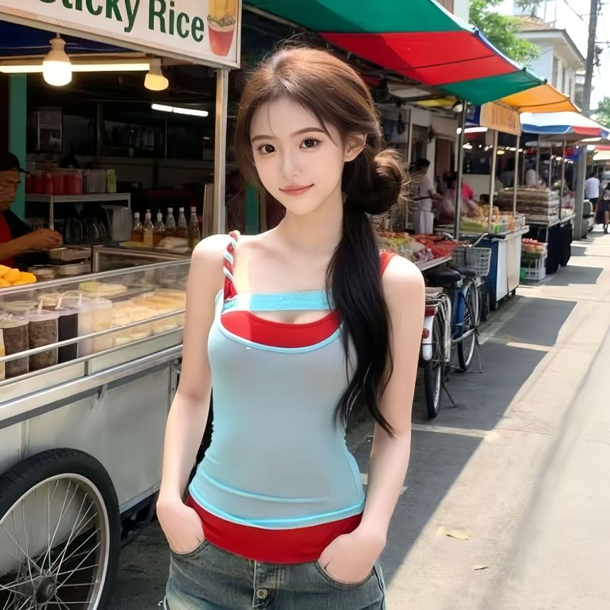 Scoop Neck Mock Two-Piece Panel Lace Tank