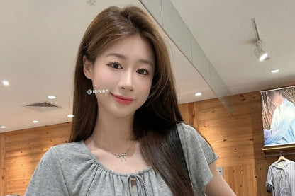 Tie Neck Plain Top, Short Sleeve