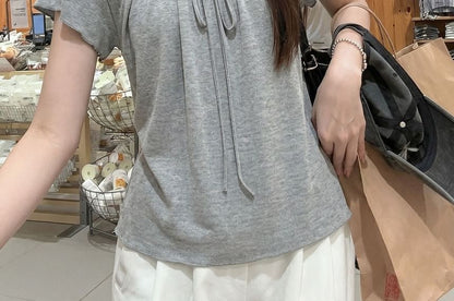 Tie Neck Plain Top, Short Sleeve
