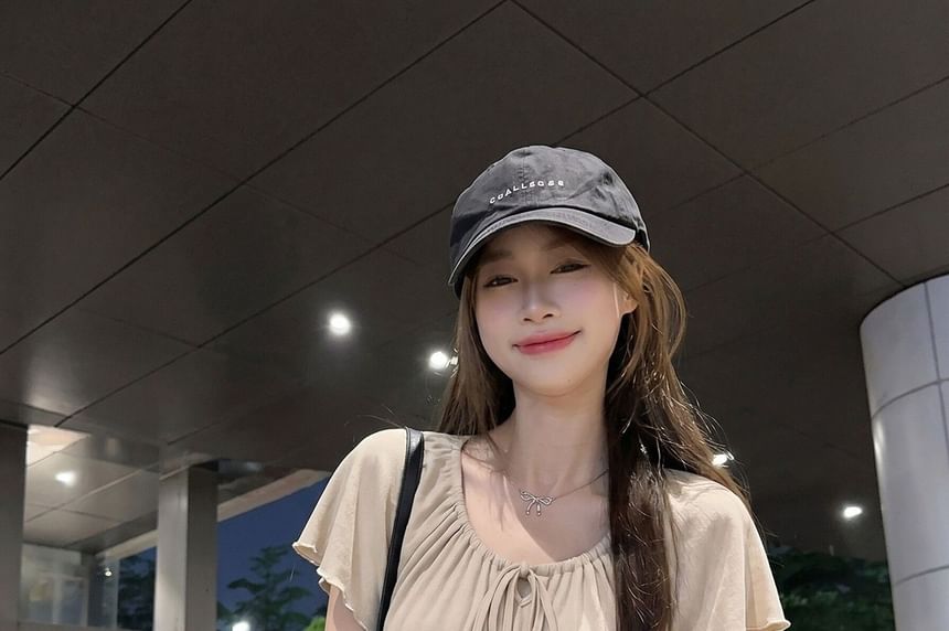 Tie Neck Plain Top, Short Sleeve