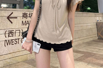 Tie Neck Plain Top, Short Sleeve