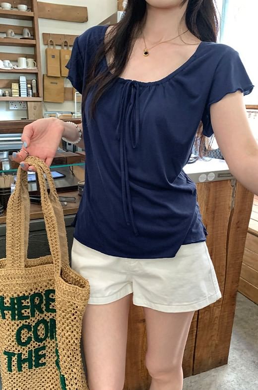 Tie Neck Plain Top, Short Sleeve