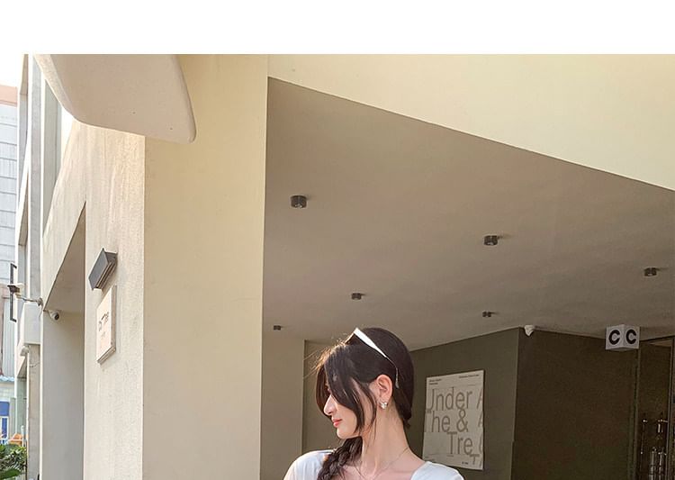Tie Neck Plain Top, Short Sleeve