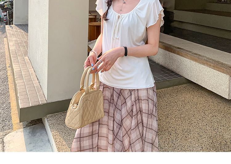 Tie Neck Plain Top, Short Sleeve