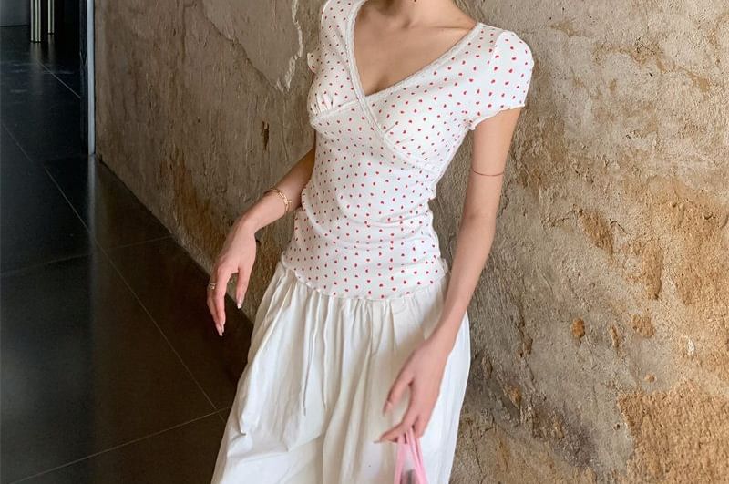 Panel Lace V-Neck Tee, Short Sleeve