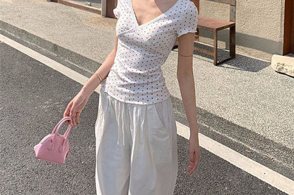 Panel Lace V-Neck Tee, Short Sleeve