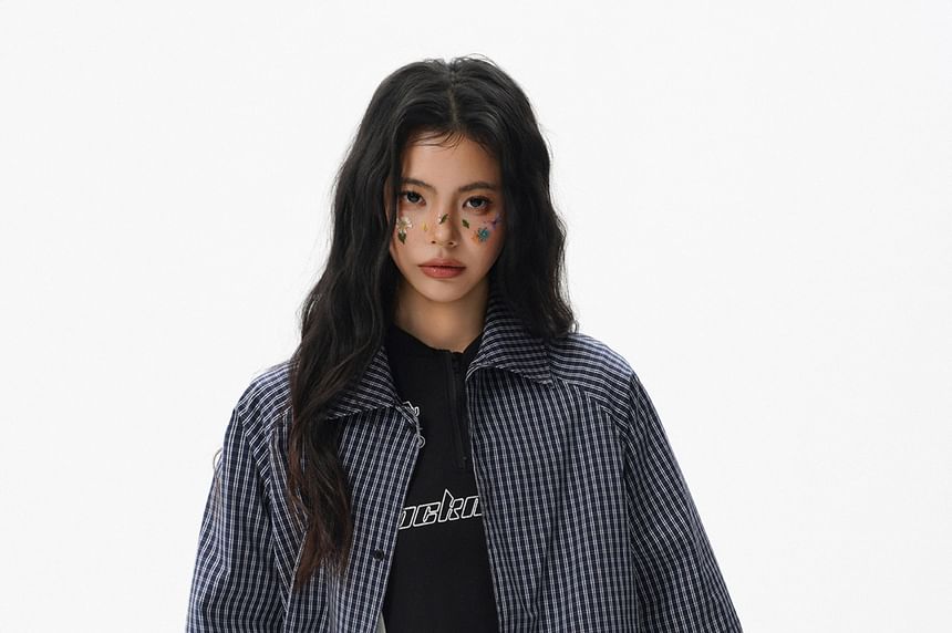 Oversized Plaid Button-Up Shirt Short Sleeve