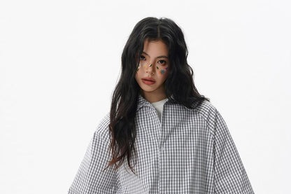 Oversized Plaid Button-Up Shirt Short Sleeve