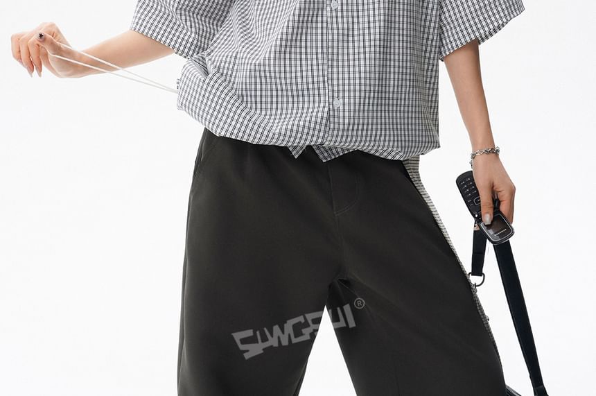 Oversized Plaid Button-Up Shirt Short Sleeve