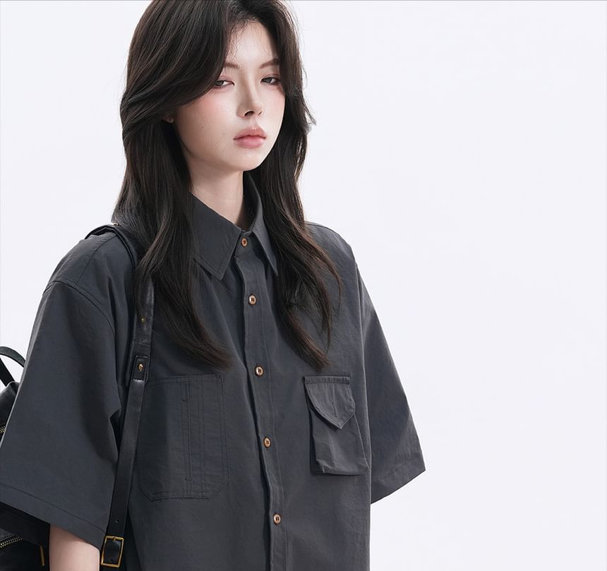 Oversized Collared Button-Up Shirt, Short Sleeve