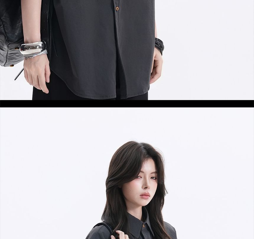 Oversized Collared Button-Up Shirt, Short Sleeve