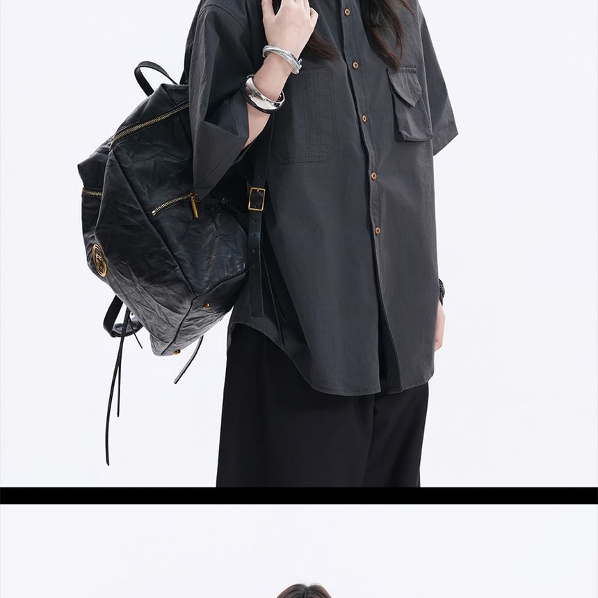 Oversized Collared Button-Up Shirt, Short Sleeve