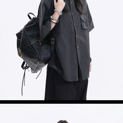 Oversized Collared Button-Up Shirt, Short Sleeve