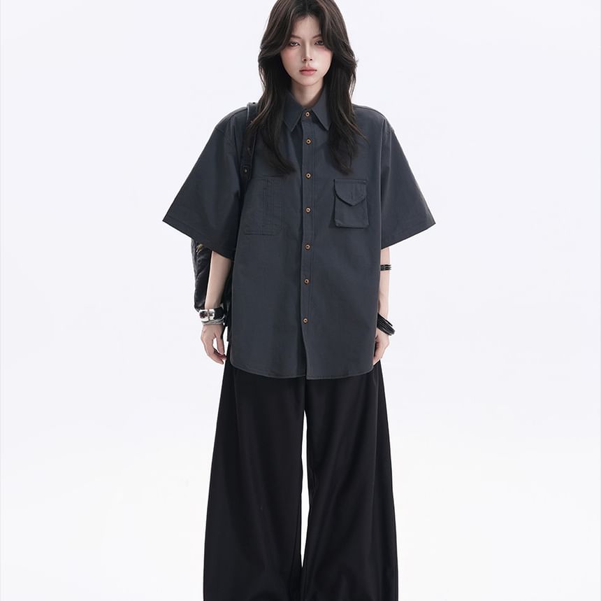 Oversized Collared Button-Up Shirt, Short Sleeve