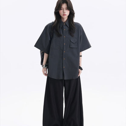 Oversized Collared Button-Up Shirt, Short Sleeve