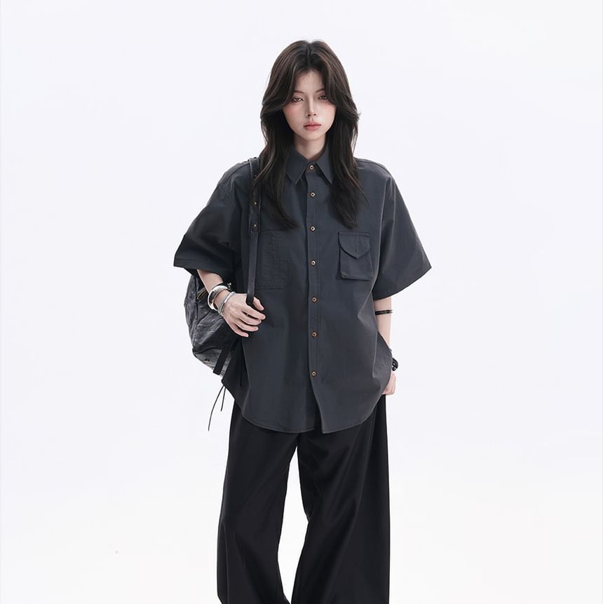 Oversized Collared Button-Up Shirt, Short Sleeve
