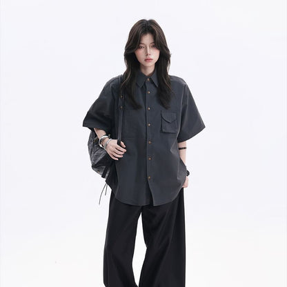 Oversized Collared Button-Up Shirt, Short Sleeve