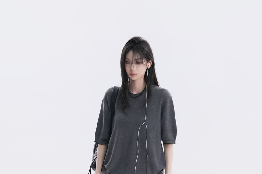 Oversized Crew Neck Knit Top, Elbow Sleeve