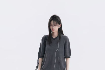 Oversized Crew Neck Knit Top, Elbow Sleeve