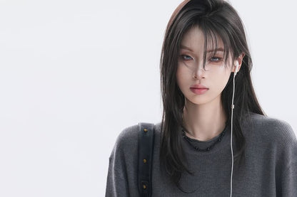 Oversized Crew Neck Knit Top, Elbow Sleeve