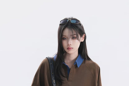 Two-Tone Oversized Polo Shirt with Collar