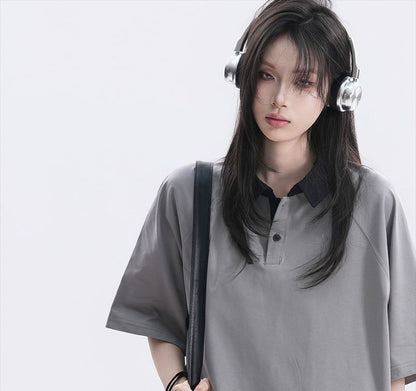 Two-Tone Oversized Polo Shirt with Collar