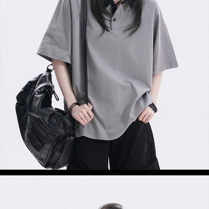 Two-Tone Oversized Polo Shirt with Collar