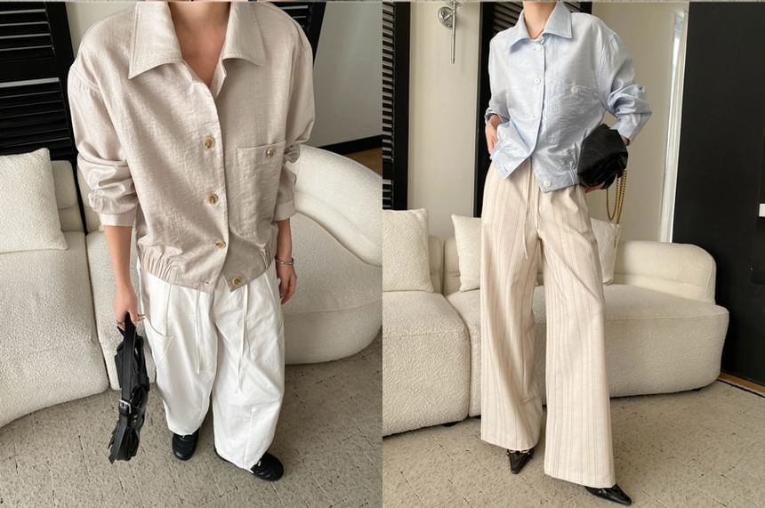 Collared Button-Up Shirt Jacket Plain
