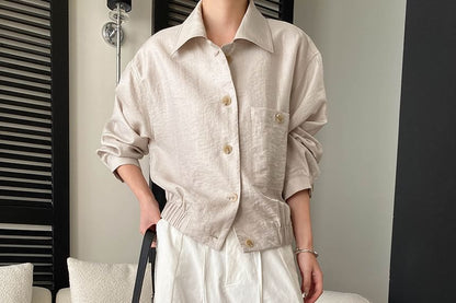 Collared Button-Up Shirt Jacket Plain