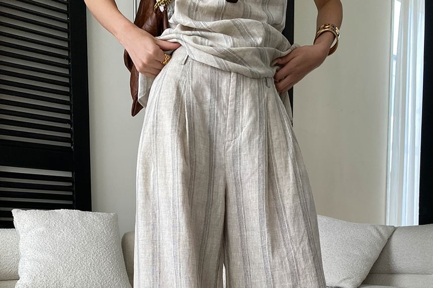 Striped Scoop Neck Top & Wide Leg Pants Set
