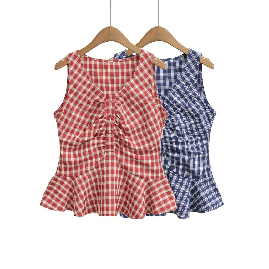 Plaid Ruched Ruffle Trim V-Neck Sleeveless Top