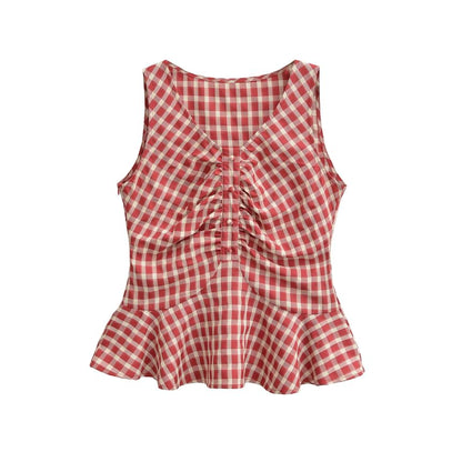 Plaid Ruched Ruffle Trim V-Neck Sleeveless Top