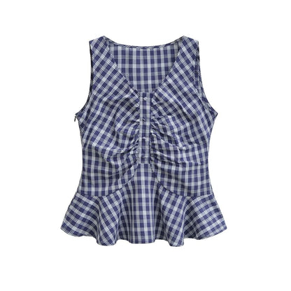 Plaid Ruched Ruffle Trim V-Neck Sleeveless Top
