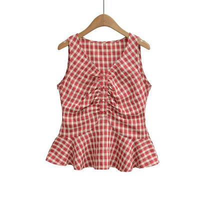 Plaid Ruched Ruffle Trim V-Neck Sleeveless Top