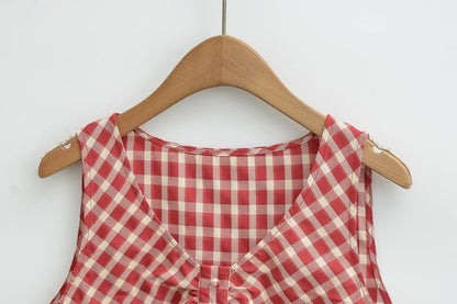 Plaid Ruched Ruffle Trim V-Neck Sleeveless Top
