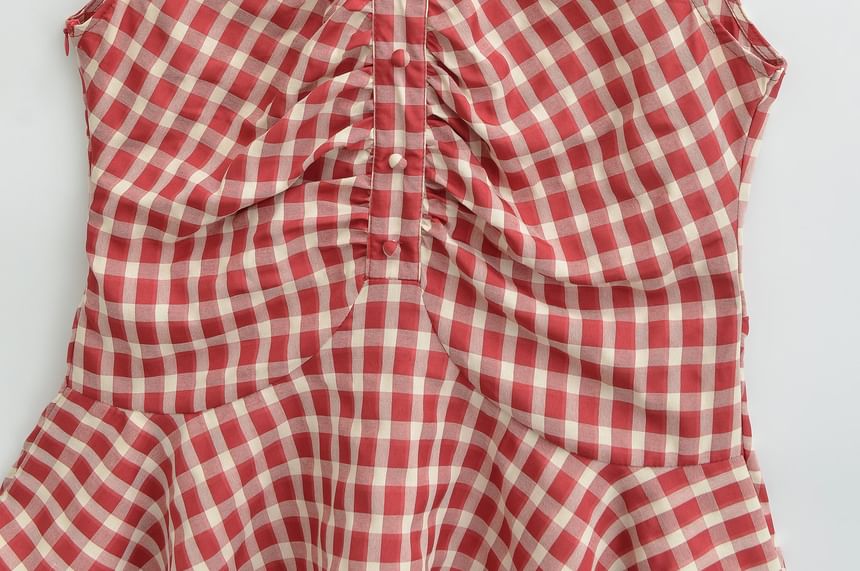 Plaid Ruched Ruffle Trim V-Neck Sleeveless Top