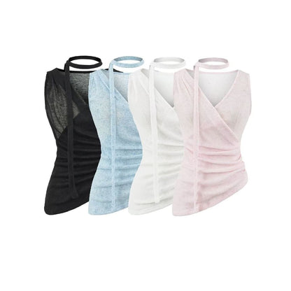 Ruched V-Neck Sleeveless Top with Sash