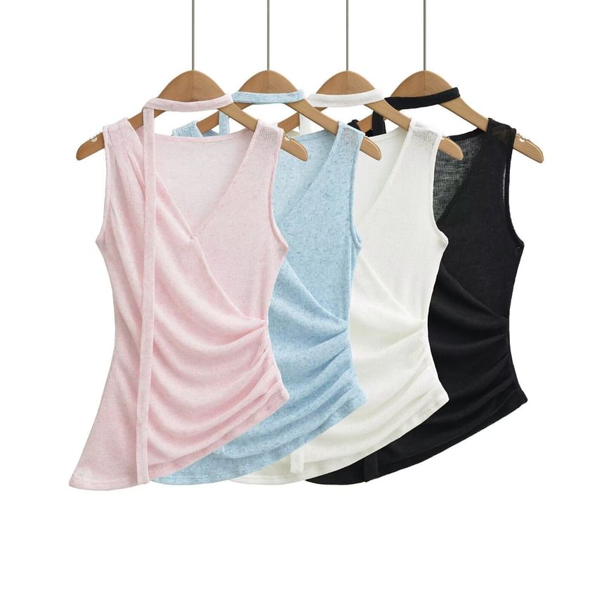 Ruched V-Neck Sleeveless Top with Sash