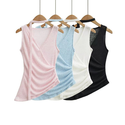 Ruched V-Neck Sleeveless Top with Sash