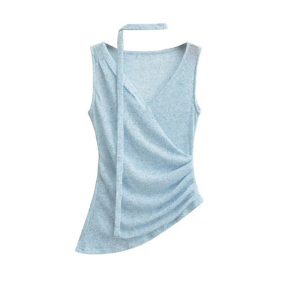 Ruched V-Neck Sleeveless Top with Sash