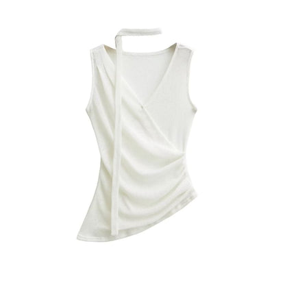 Ruched V-Neck Sleeveless Top with Sash