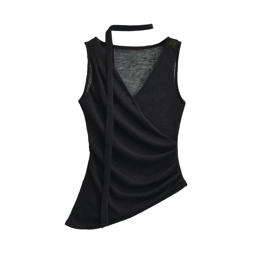 Ruched V-Neck Sleeveless Top with Sash