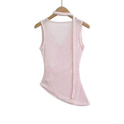 Ruched V-Neck Sleeveless Top with Sash