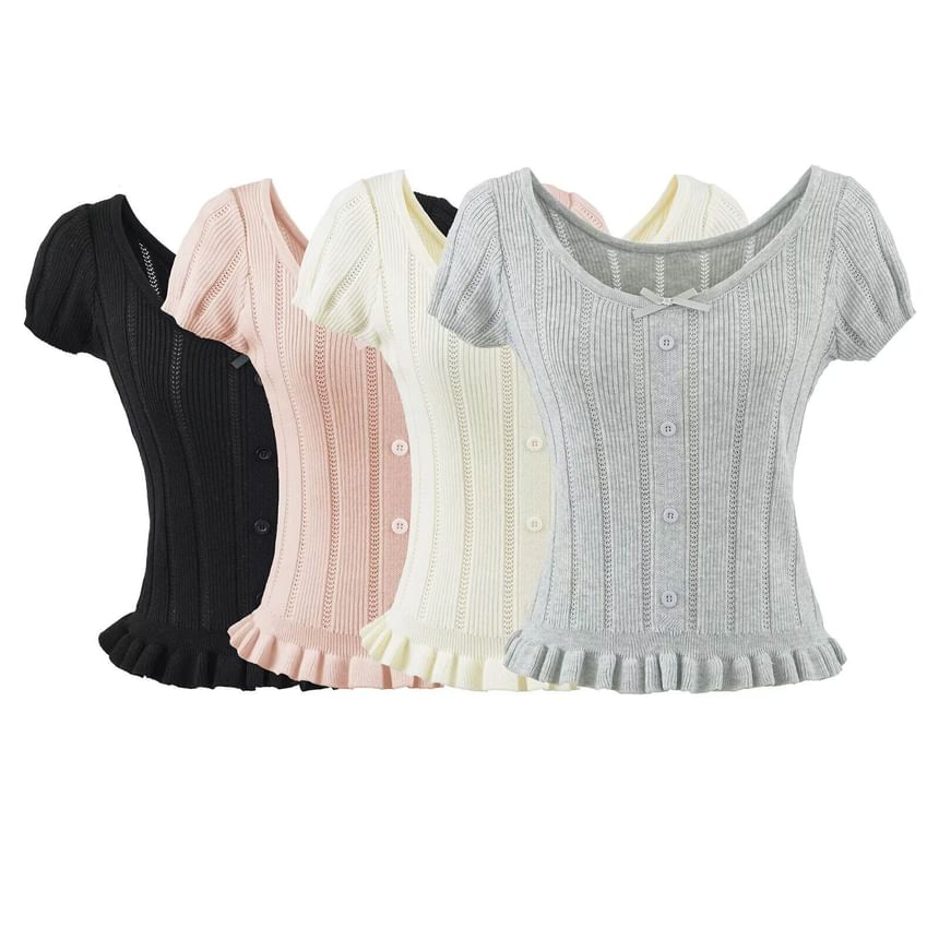 Ribbed Scoop Neck Short-Sleeve Knit Top